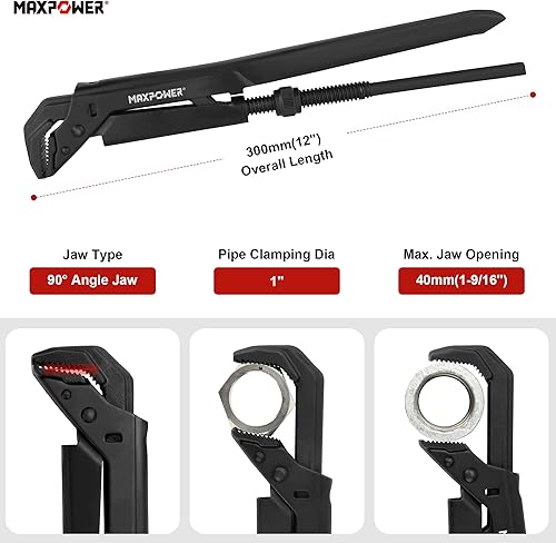 Miniatura 2 de MAXPOWER Llave de tubo sueca, llave de tubo sueca ajustable de 12 pulgadas, llave de plomero Stilsons con mandíbula en ángulo de 90, capacidad de