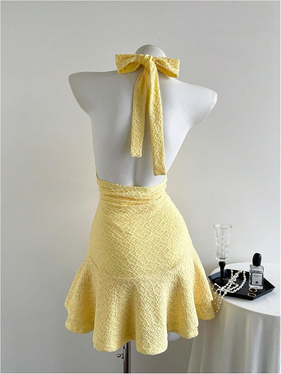 WDIRARA Women's Bow Tie Backless Sleeveless Halter Mini Dress Deep V Neck Layered Ruffle Short Dresses - Image 3