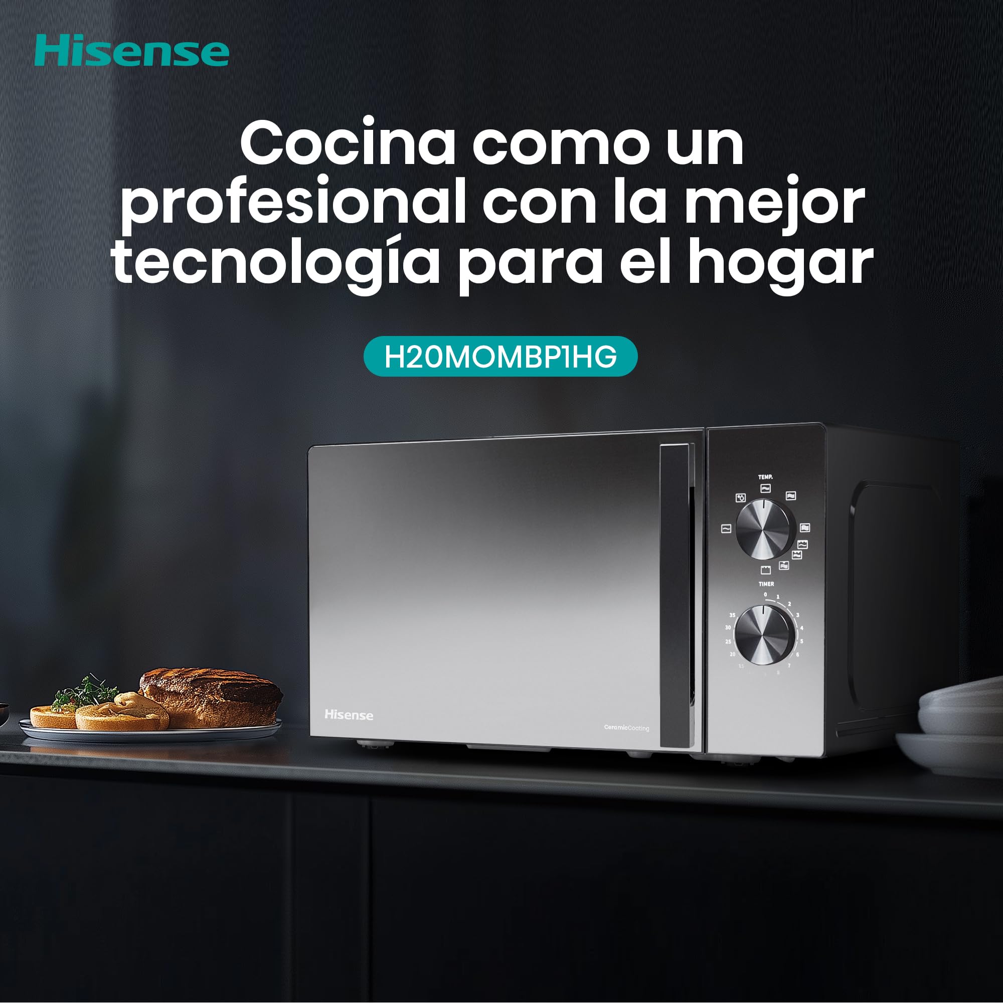 Hisense H20MOMBP1HG - Microondas con Grill 800W, 20L, Alto 32.6cm x Ancho 45.5cm, Color Negro, Potencia del Grill: 800 W, Revestimiento Cerámico, Cristal Premium, 5 Niveles de Potencia
