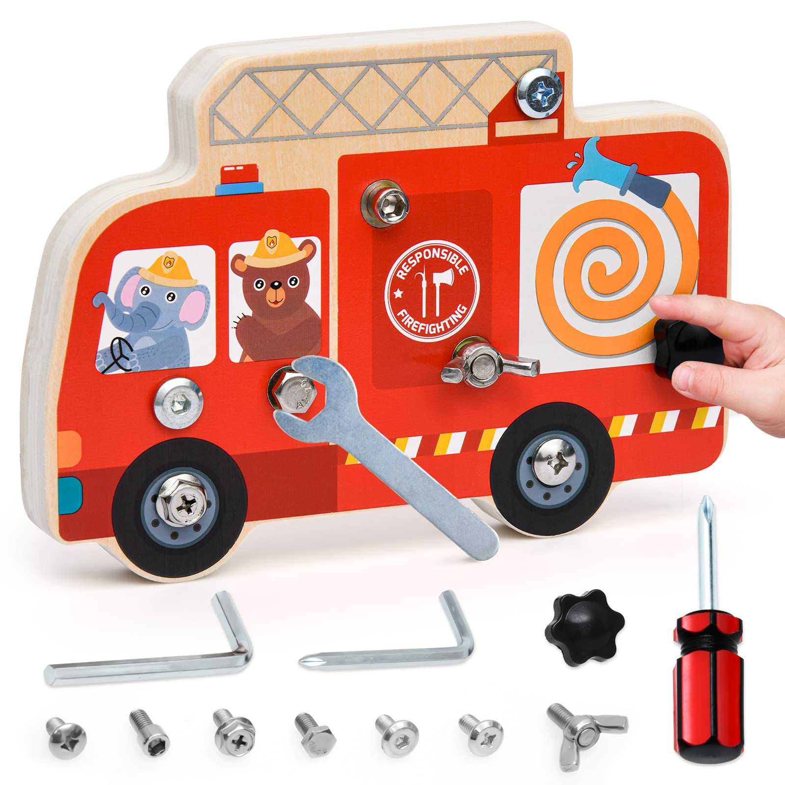 Atoylink Giochi Montessori In Legno - Tavola Per Cacciavite Camion Dei Pompieri, Con Attrezzi In Metallo, Per Bambini 3-6 Anni, Abilità Motorie