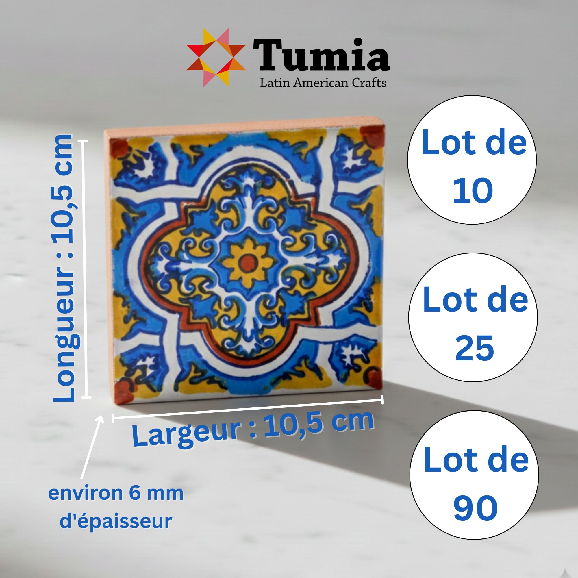 Tumia LAC Carrelage en céramique Mexicaine - 10,5 cm - Fait à la Main et éthiquement négocié