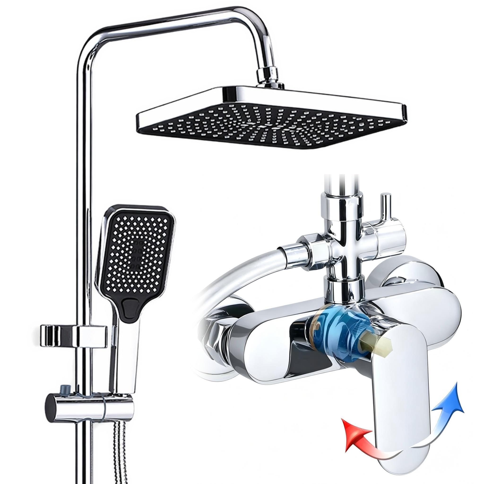 Duschsystem ohne Thermostat mit Armatur, Aufputz Duschset höhenverstellbar 85–120 cm, große Regendusche 30 × 19 cm, Handbrause mit 3 Strahlarten, Chrom Duscharmatur Komplettset