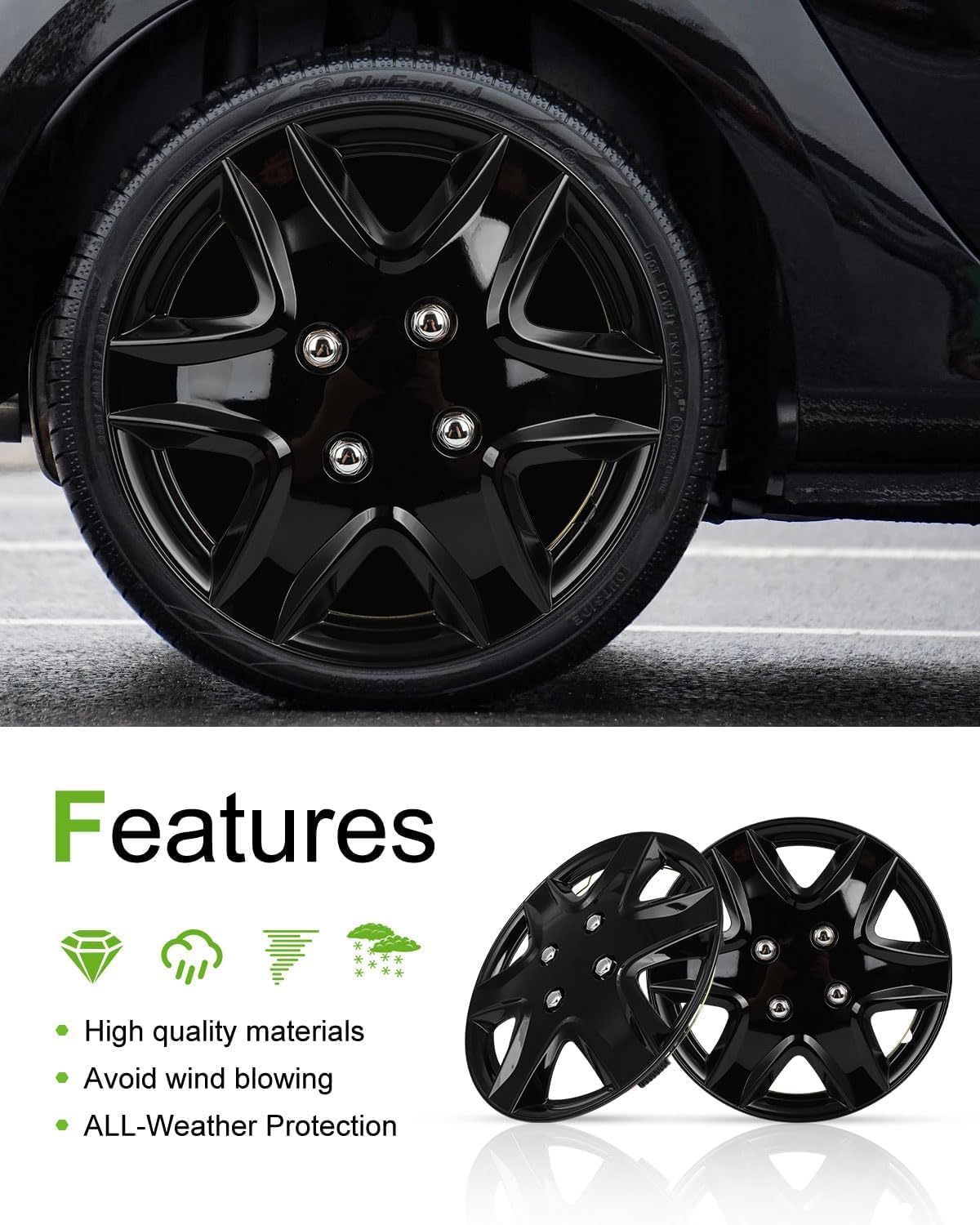 SCITOO 4-Piece 14-Inch Black hubcaps, universally Adaptable to Cars, Trucks, SUVs, Simple to Mount, Elegant Design, rustproof