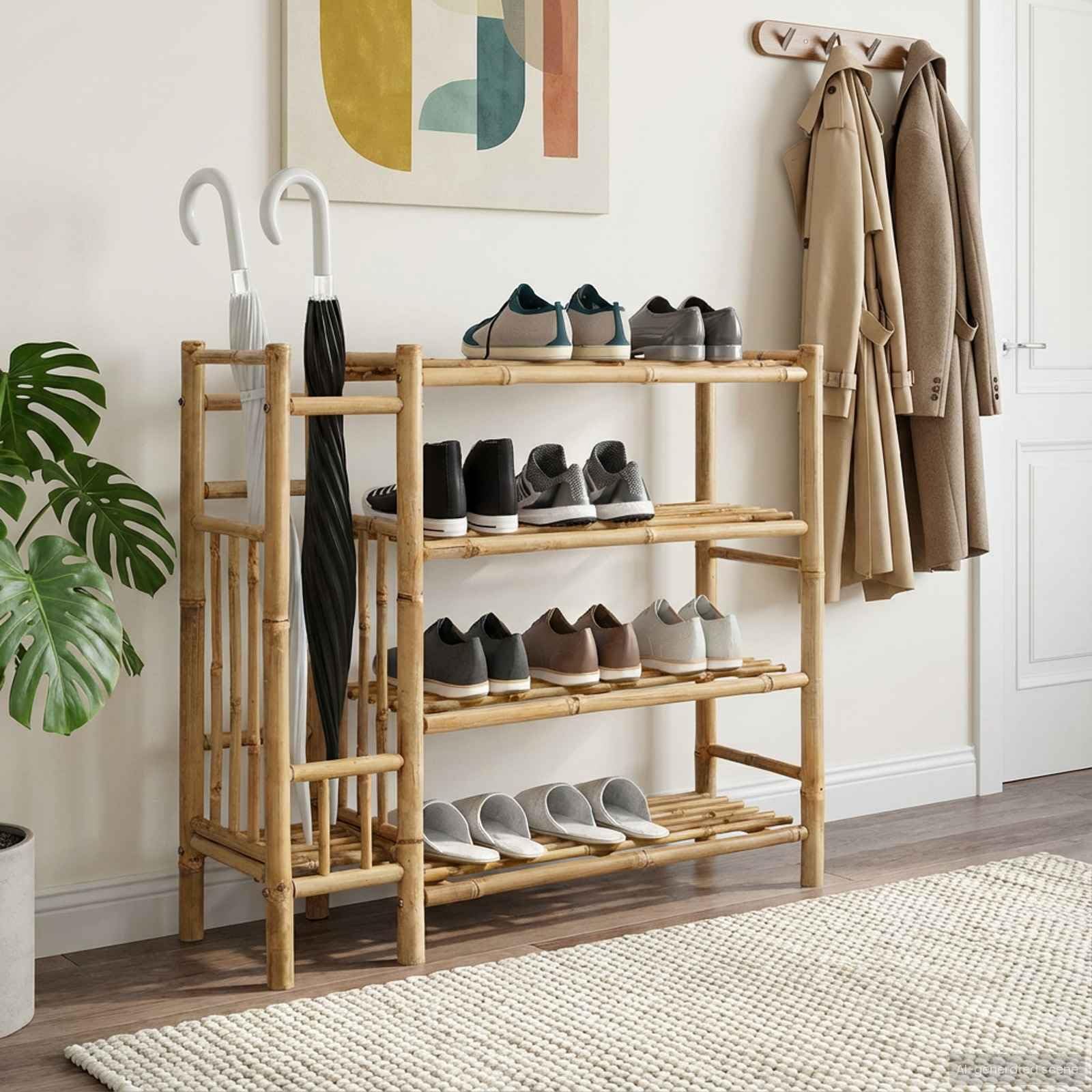 Schuhregal aus Bambus Natur mit 4 Regalen 88 x 27 x 80 cm, platzsparend und leicht, Schuhaufbewahrung für Flur, Diele und Eingang, stabiles Ordnungssystem für Schuhkommode und Schuhständer