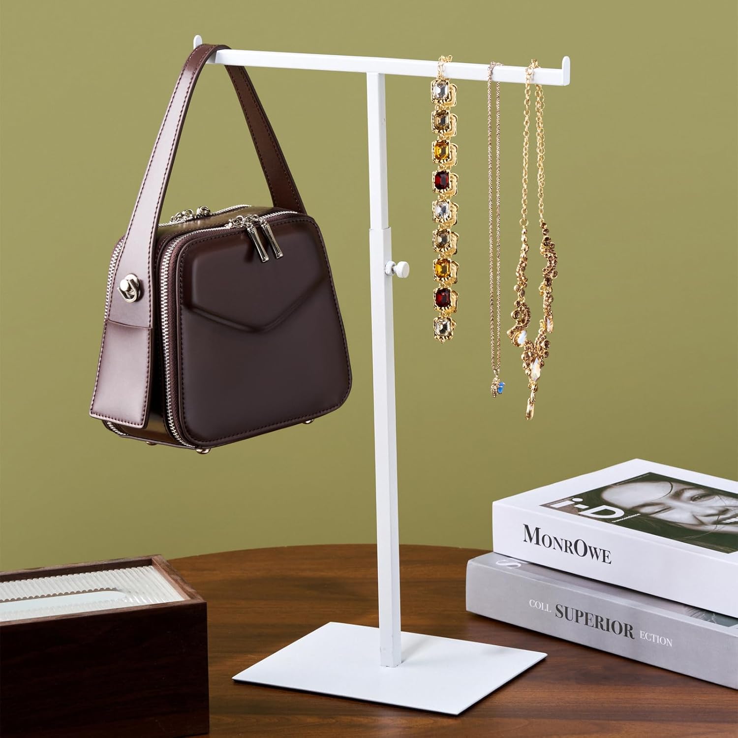 Purse Display Stand Set of 2 Jewelry Tower Stainless Steel Jewelry Handbags Stand Tabletop for Necklaces Purse Hanger Stands Adjustable Height Organizer Home Store Boutique, Gold