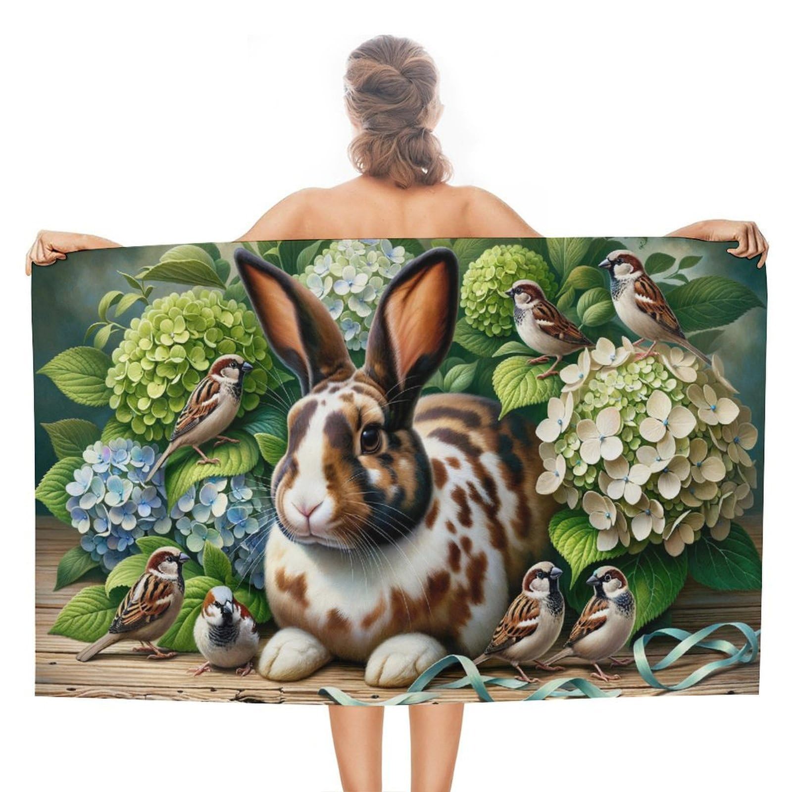 Serviette de plage en microfibre douce avec illustration raffinée de lapin et fleurs