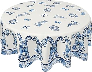 Easter Blue Bunny Flowers Round Tablecloths 60 inch Navy Blue Floral Table Cloth Cover Washable Spring Rabbit Easter Circle Table Cover Decor for Dining Kitchen Party Picnic Farmhouse Outdoor
