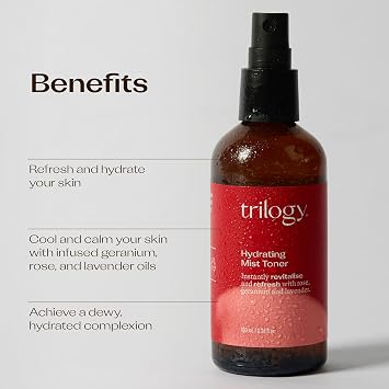 Trilogy Hydrating Mist Toner, Floral Face Spray, 3.38 Fl Oz | Rose, Geranium & Lavender facial mist preps skin, sets makeup & revives a dewy look, for all skin types, ideal for travel