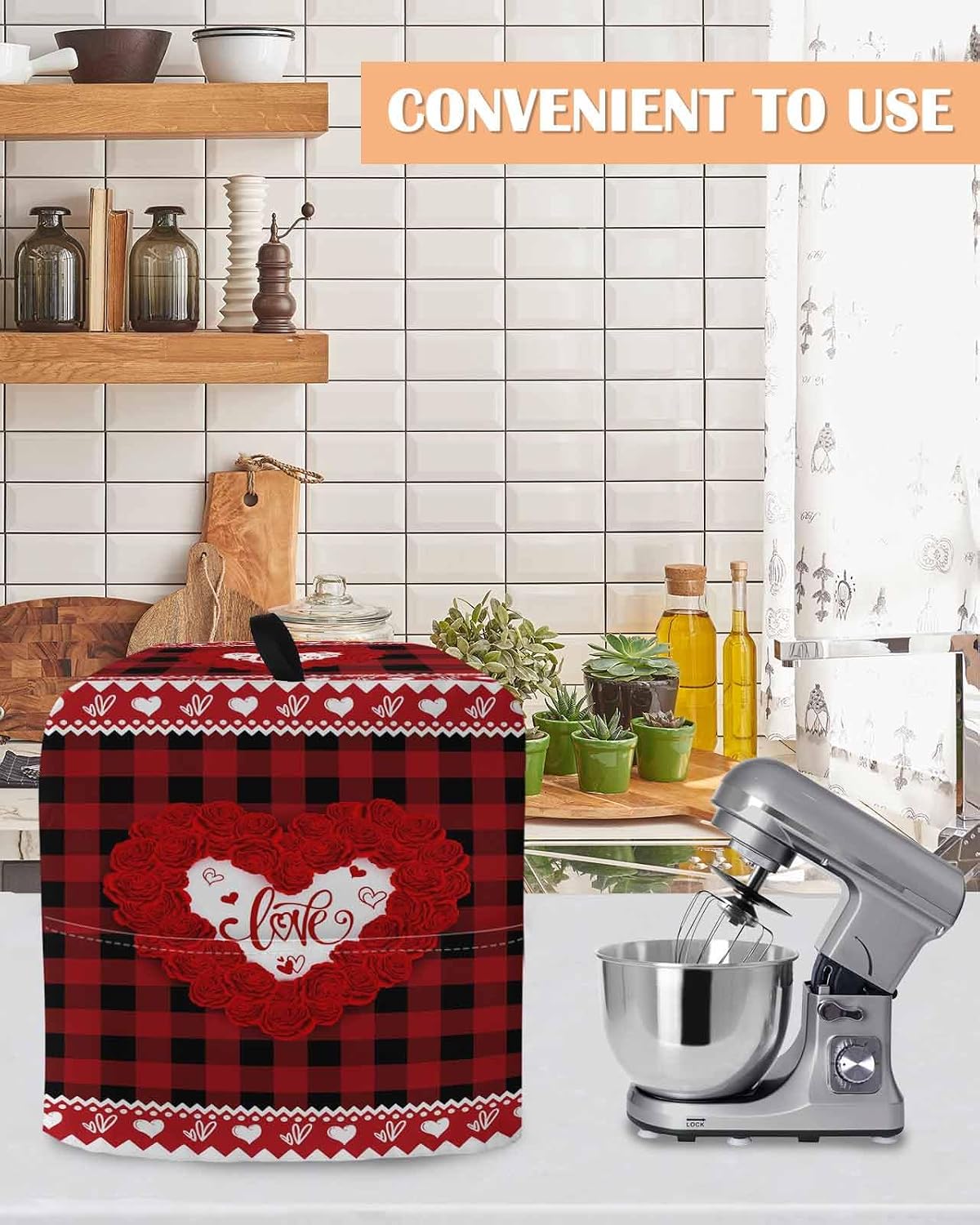 Stand Mixer Cover with Storage Pocket, Valentine's Day Waterproof Kitchen Mixer Covers, Red Love Heart Roses Romantic Modern Art Kitchen Appliance Dust Cover Compatible with 5-8 Quart Mixers