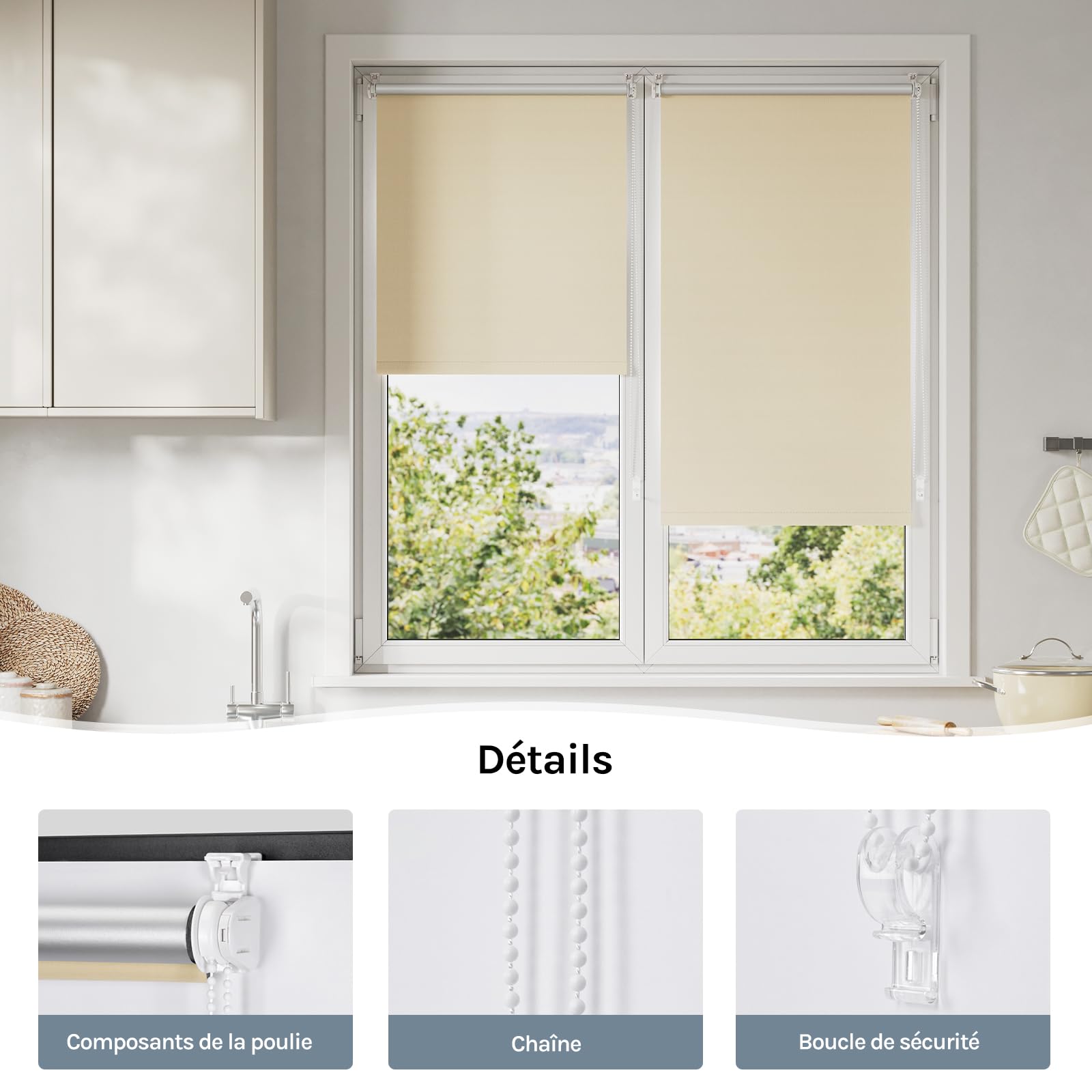 WOLTU Occultant Enrouleur sans Perçage, Rideau Opaque Revêtement Argent, Protection Soleil 70x210 cm Beige