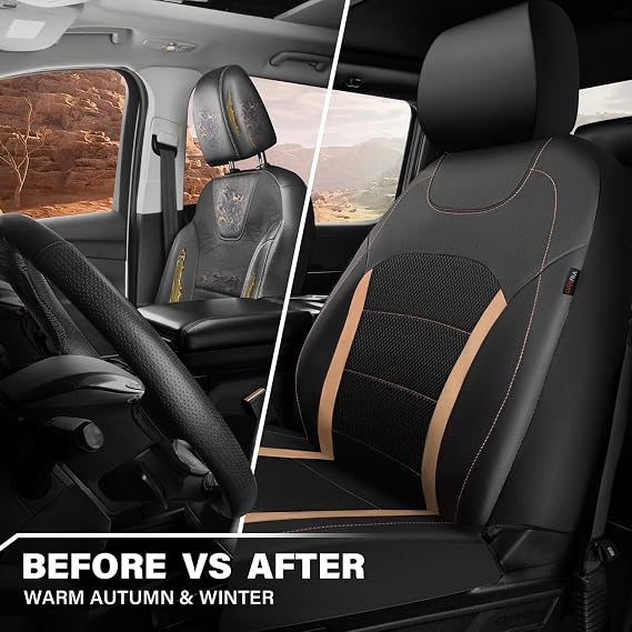 CAR-GRAND Leather Car Seat Covers Front Only, Breathable Air Mesh Seat Covers, Universal Seat Protector Airbag Compatible Fit for Most Cars SUV Truck Black and Beige