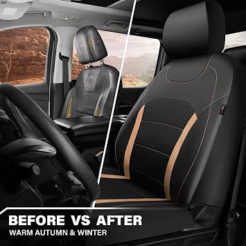 CAR-GRAND Leather Car Seat Covers Front Only, Breathable Air Mesh Seat Covers, Universal Seat Protector Airbag Compatible Fit for Most Cars SUV Truck Black and Beige