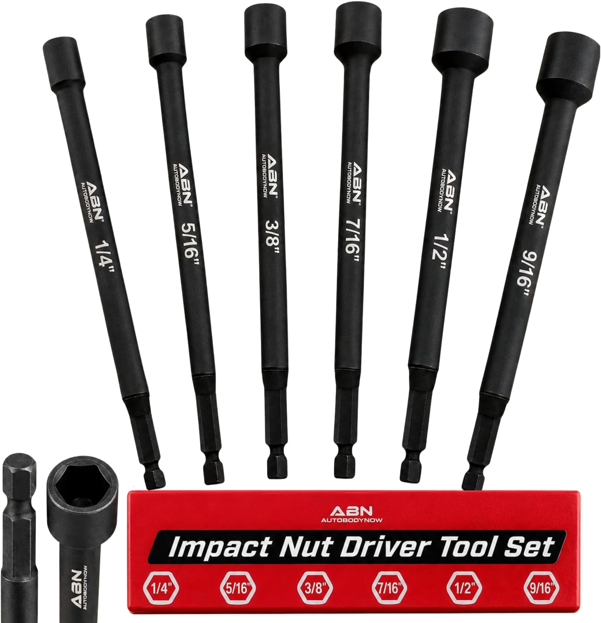 ABN Impact Nut Driver Tool Set - 6pc SAE 6 IN Long Shank Nut Driver Bits Magnetic Tip Sockets, 1/4 IN Hex Shank