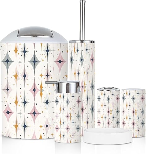 Bathroom Accessory Set 6 Piece Mid Century Vintage 1950s Modern Retro Symmetrical Curved Trash can, Toothbrush Holder, Soap Dispenser, Soap Dish,