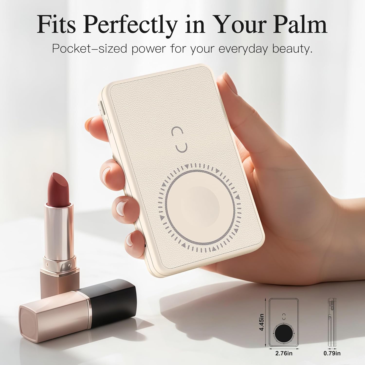 Magnetic Wireless Power Bank, 5000mAh Portable Charger with LED Makeup Mirror & Phone Stand & Card Holder, 20W USB-C Fast Charging Battery Pack for iPhone 17/16/15/14/13/12 Series, Khaki