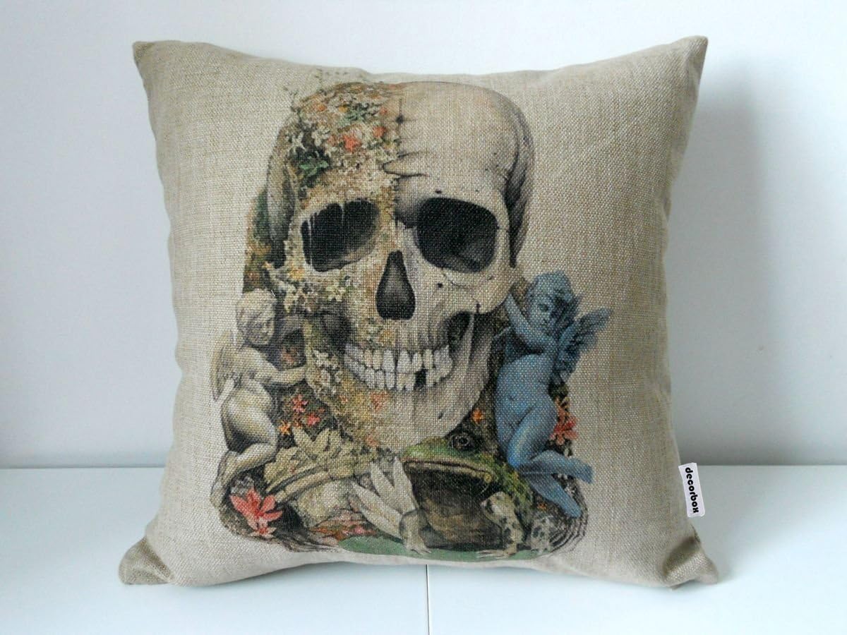 decorpillow Cotton Linen Square Decorative Throw Pillow Case Cushion Cover Angel Skull Frog 18 "X18 "