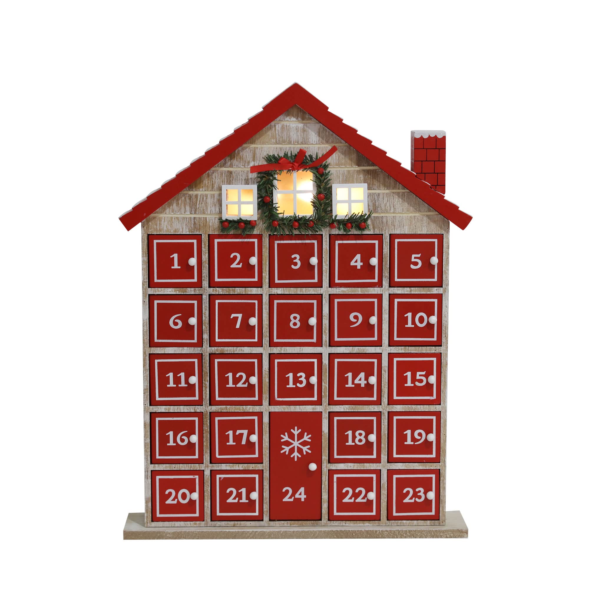 Calendrier de l'Avent en bois PE Maison de Noël rouge avec 24 tiroirs de rangement Organisateur de cadeaux avec éclairage LED Décoration de Noël