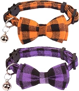 ADOGGYGO Halloween Cat Collars Breakaway with Removable Bow Tie, 2 Pack Orange Purple Plaid Cat Halloween Bow Collar with Bell for Cats Kittens (Orange&Purple-1)