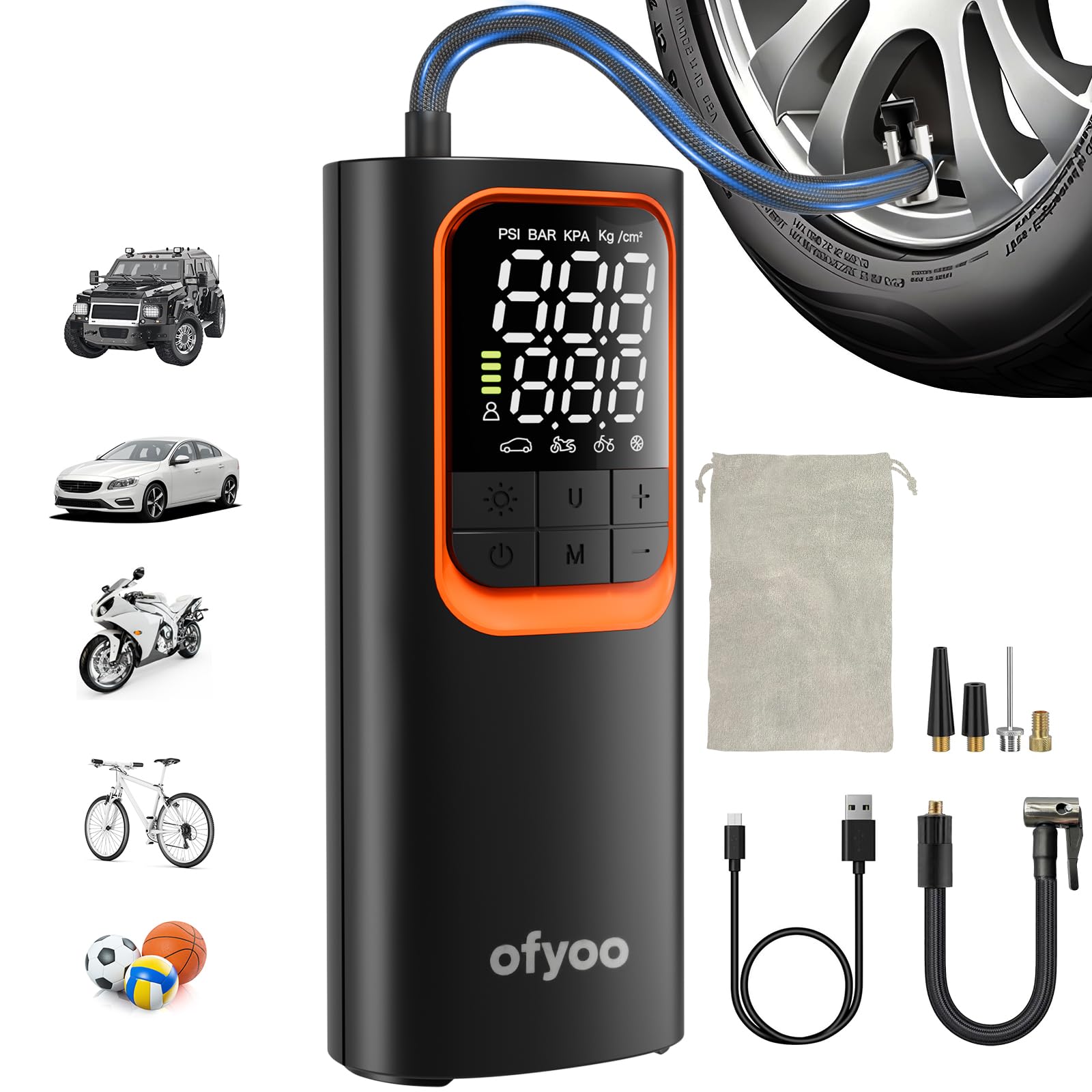 OFYOO Tire Inflator Portable Air Compressor,Air Pump with 170PSI High Pressure,Digital Tire Pressure,Preset Pressure Automatic Stop,Inflating Cars/