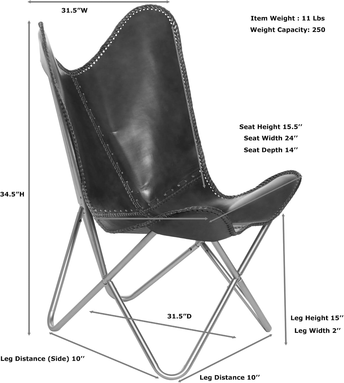 Carolina Chair & Table Monroe Butterfly Lounge Chair – Modern Cow Hide Leather Accent Seating, Powder-Coated Iron Frame Chair for Living Room, Office Decor, Home Decor, Easy to Assemble, Gray/Black