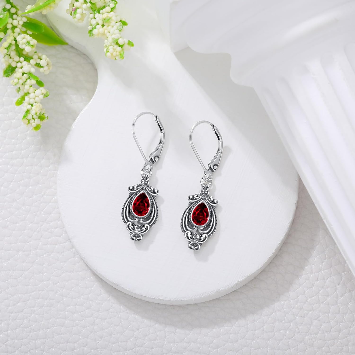 925 Sterling Silver Vintage Retro Filigree Dangle Drop Leverback Earrings with Pear Shape Birthstone Birthday Jewelry Gift for Women Her - Image 3