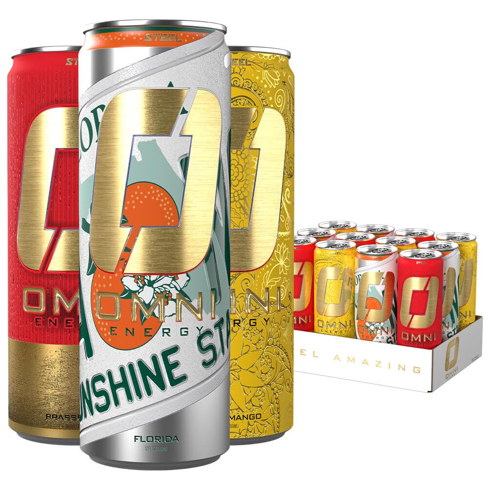 OMNI Energy Drink Variety Pack (Brassberry, Florida, Kesar Mango) 12oz (Pack of 12) | Clean Caffeine, B Vitamins | Sugar Free, Low Calorie Energy Drink for All-Day Vitality.