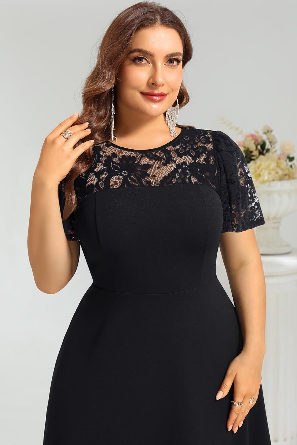 Plus Size Cocktail Dress - Lace Wedding Guest Party Crew Neck Short A Line Dresses Women - Image 5