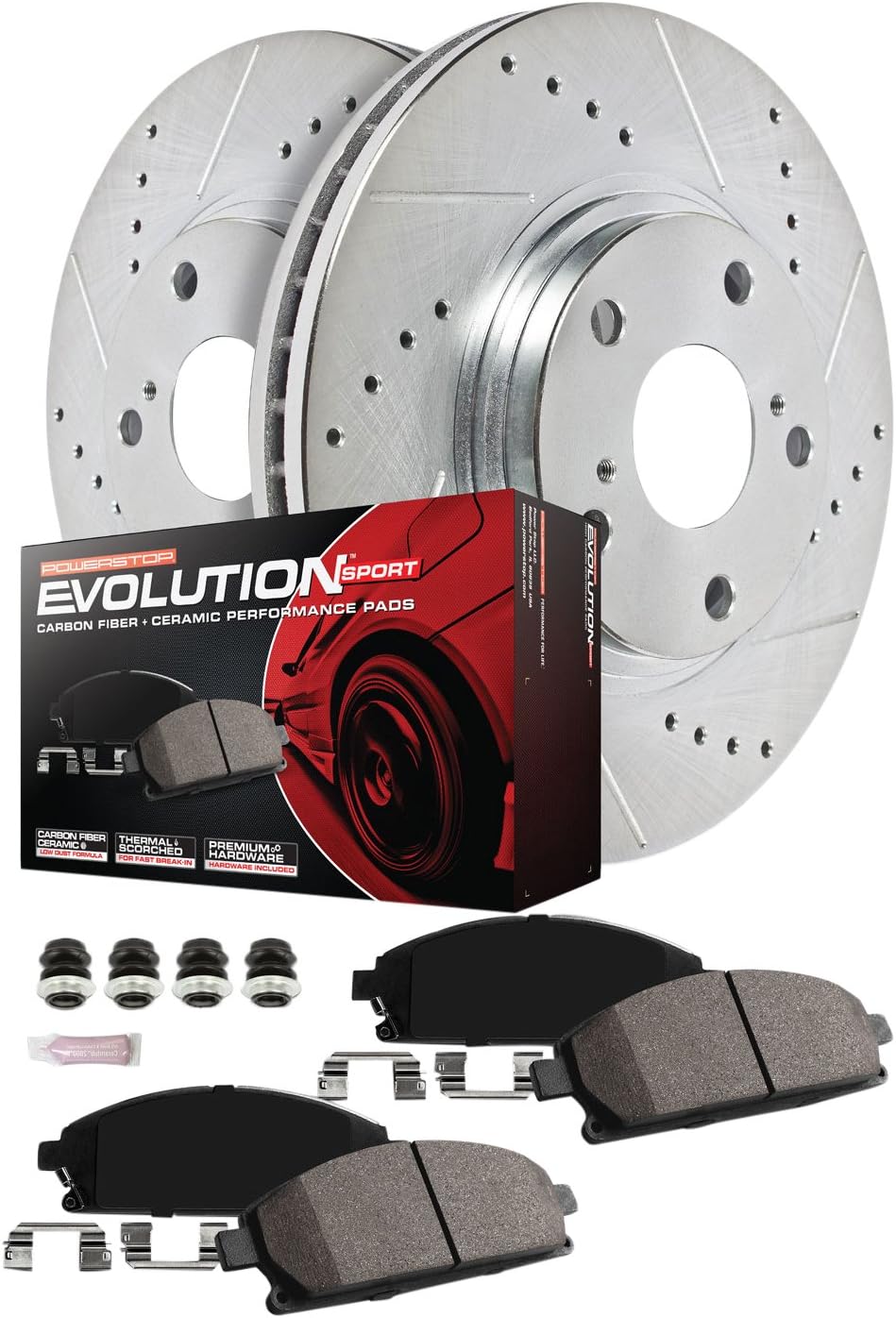 Power StopBrake Kit For 2015 2016 2017 2018 2019 2020 Chevy Colorado GMC Canyon 6 Lug Front and Rear Z23 Carbon Fiber Brake Pads with Drilled and Slotted Brake Rotors K7228