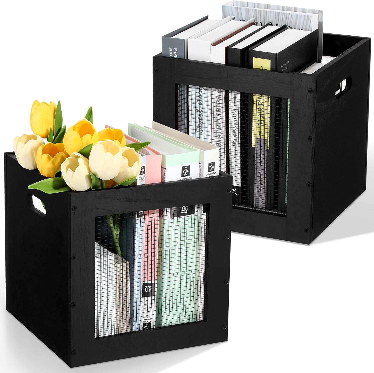 2 Pack Stackable Wood Storage Bins with Metal Wire and Handles 11 x 11 x 11 Inch, 22l Cube Vinyl Record Holder Wooden Storage Crate Basket for Shelve Fruit Vegetable Pantry Toy(Paint Black)