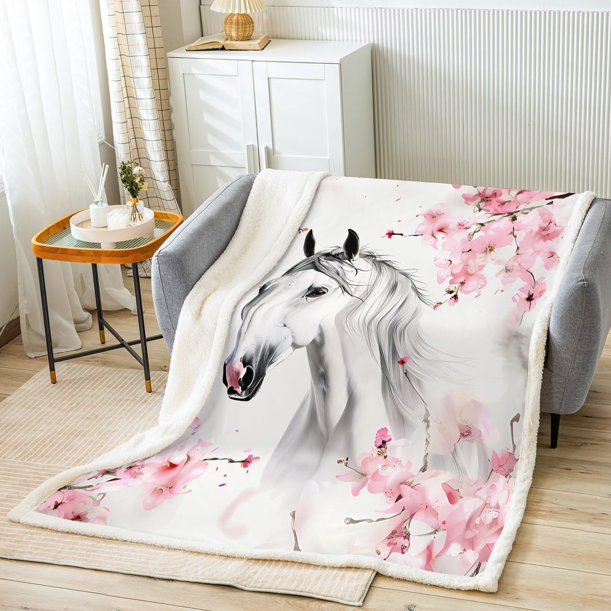 Feelyou Kids Boys Girls Horse Fleece Throw Blanket Cherry Blossom Plush Blanket Horse Sherpa Blanket for Pink Horse Fuzzy Cozy Soft Blanket Twin 60"x80"