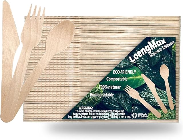 LoengMax Disposable Wooden Cutlery Set - 150 Pieces 6.5 Inch Utensils(50 Forks, 50 Knives, 50 Spoons) - Eco Biodegradable