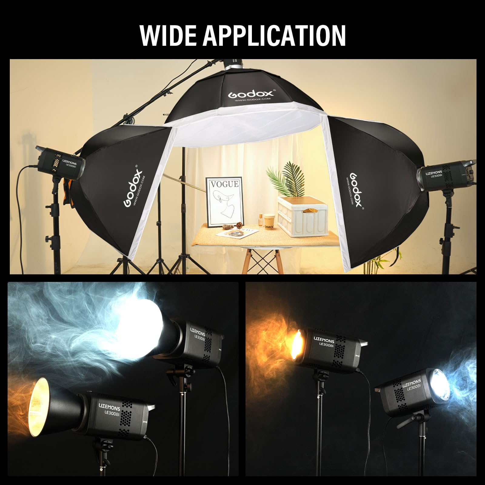 Godox 2-Pack Litemons LE300Bi LE300 Bi Luce Continua a LED 320W 2800K~6500K 58900 Lux/1m TLCI/CRI≈98 Controllo Bluetooth 11 Effetti FX Attacco Bowens Videolight per Vlog,YouTube,Fotografia (nero)