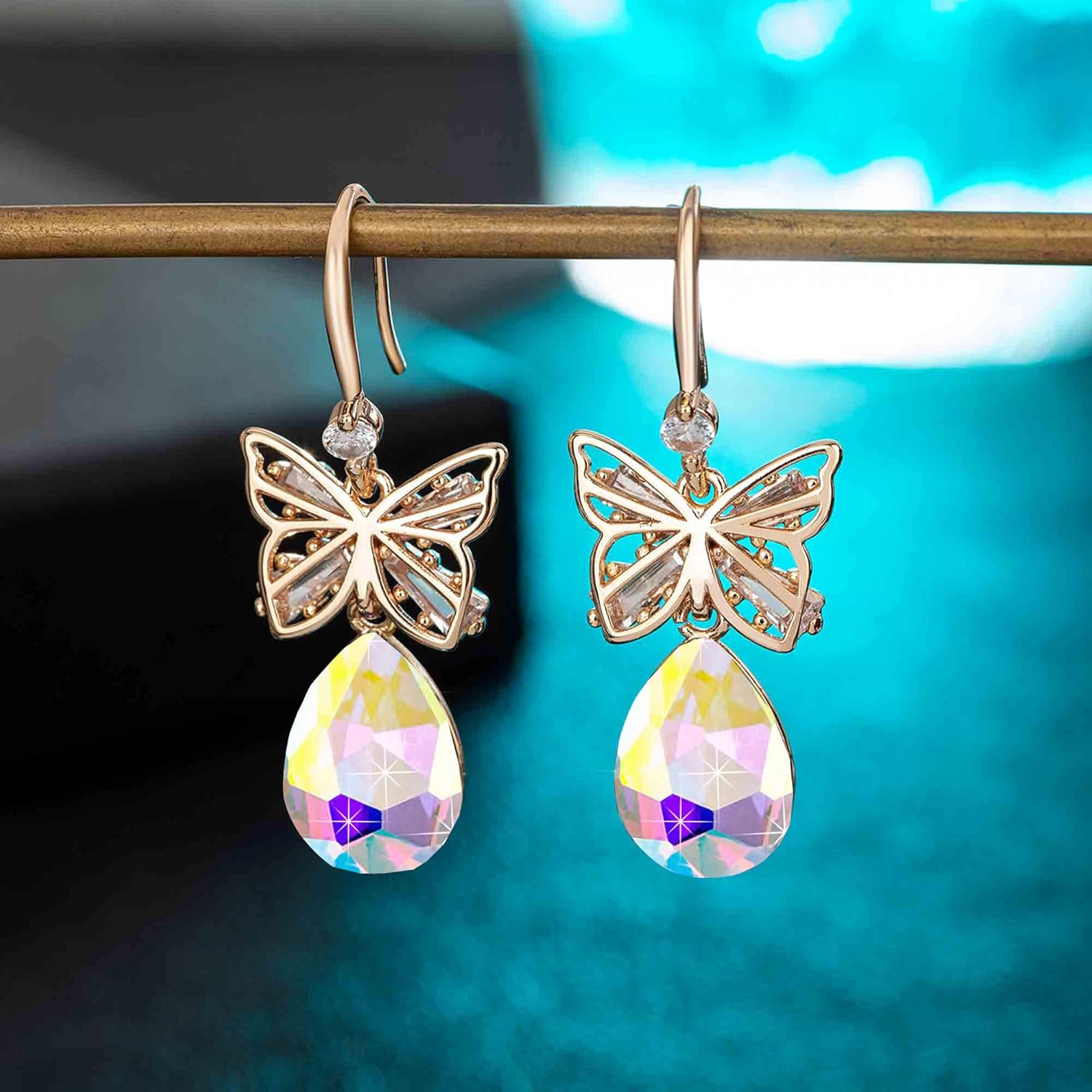 Austrian Crystal Teardrop Butterfly Drop Dangle Earrings for Women 14K Rose Gold Plated Hypoallergenic Jewelry - Image 3