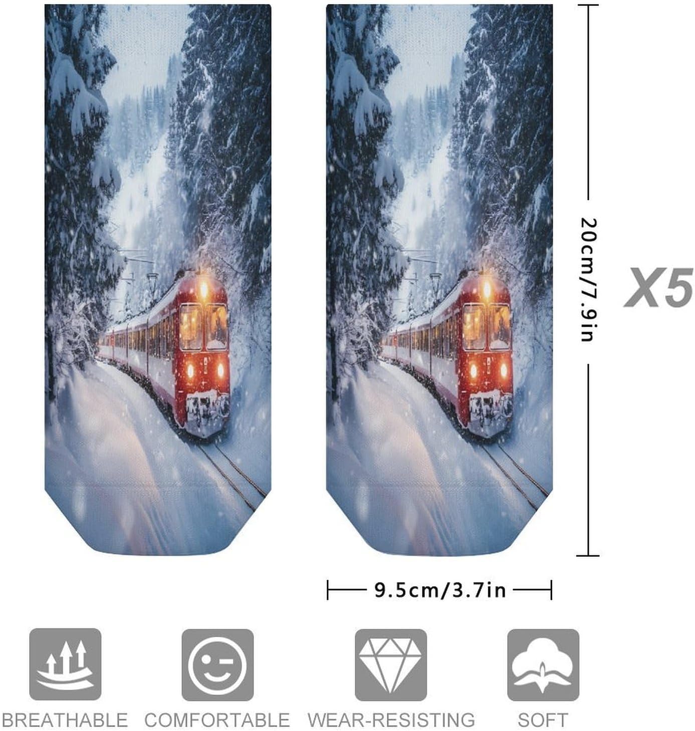 Swiss Winter Snowy Train 5 Pairs Low Cut Ankle Socks Casual Liner Sock No Show Invisible Socks for Men Women