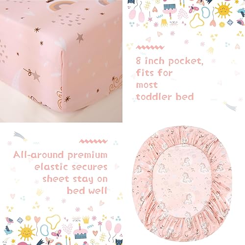 Miniatura 3 de JSD Juego de ropa de cama infantil de 4 piezas de unicornio rosa, juego de edredón de microfibra con estampado de niñas, incluye sábana encimera,