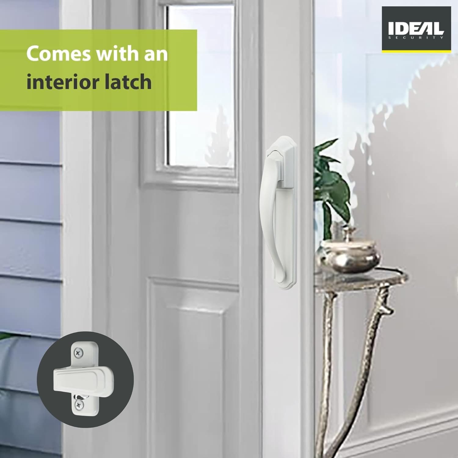 Interior view of the Ideal Security DX Pull Handle's latch mechanism on a storm door.
