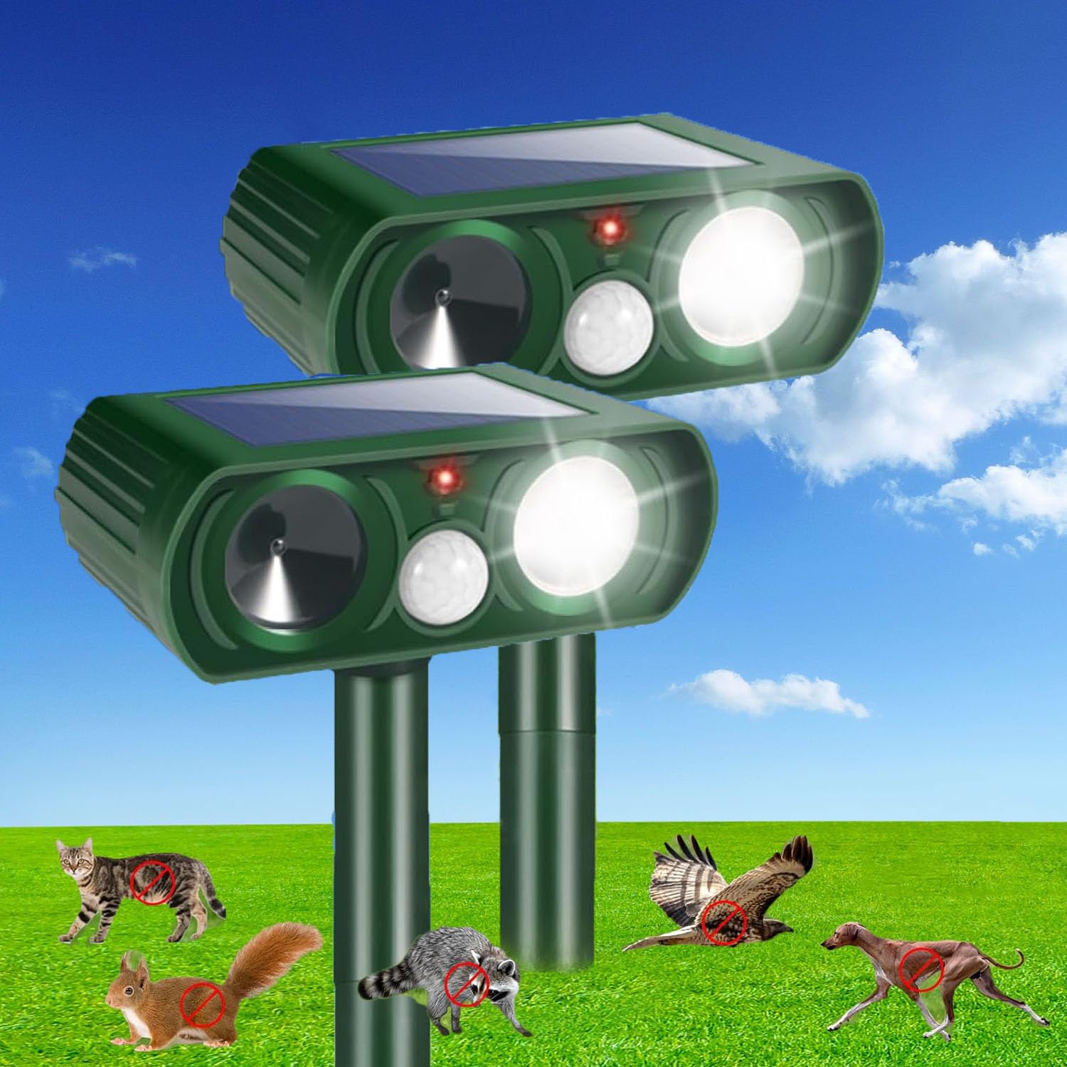 Solar Ultrasonic Animal Repeller – Outdoor Waterproof Motion Sensor Pest Deterrent with Audible Alarm – for Garden, Yard, Farm, Lawn – Solar Powered -2Pack