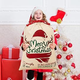 HBlife Canvas Santa Sack, 19.7 X 27.6 Inch Large Santa Bags for Gifts, Personalized Christmas Sacks for Presents with Drawstring, Style 7