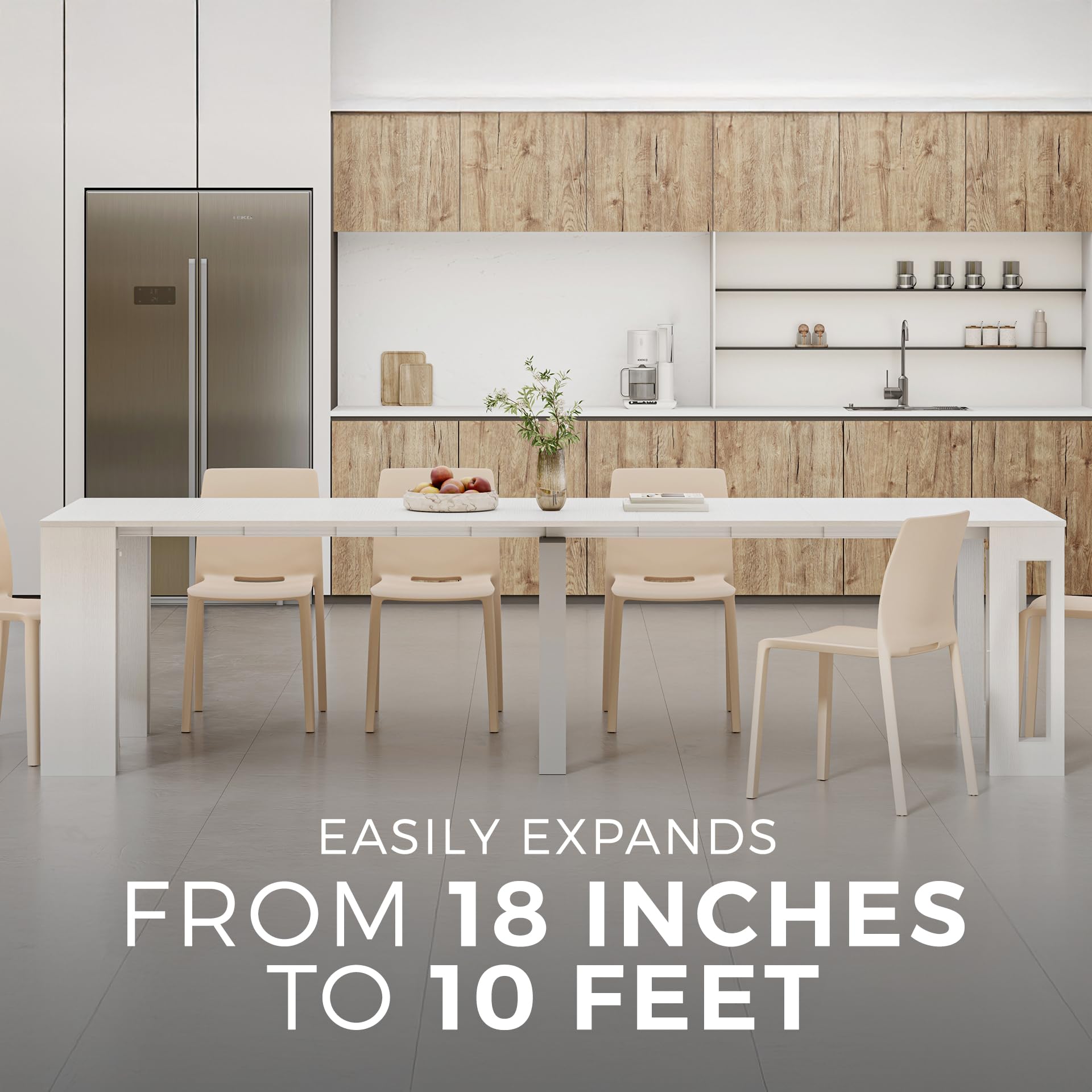 MOBILI FIVER, Mesa Consola Extensible Easy, con Porta Extensiones, 45(305) x 90 cm, Color Fresno Blanco, para 12 Personas, Mesa Consola Extensible por Entrada, Salon, Made In Italy