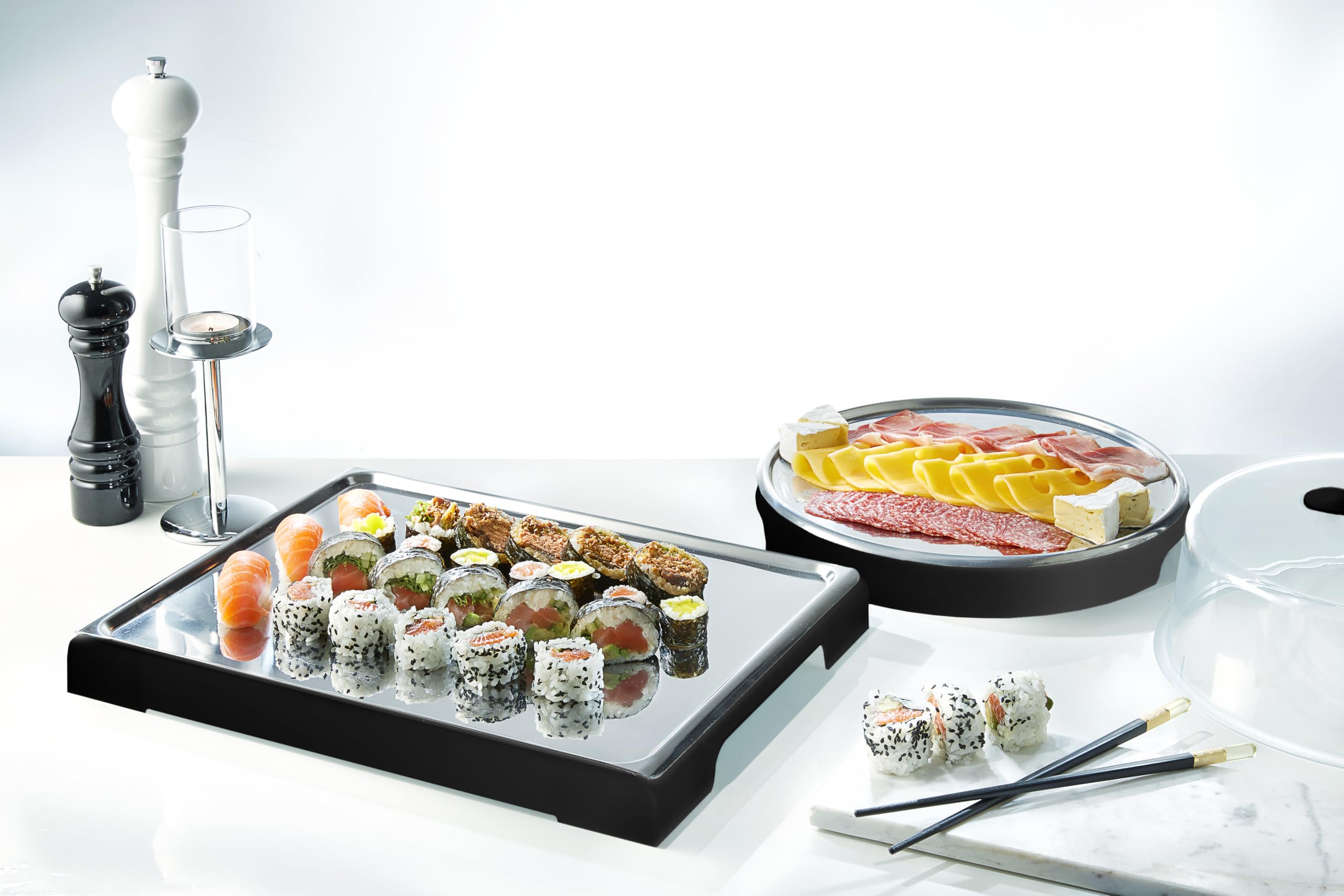 FH Plateau de service avec couvercle - Boîte de transport pour gâteau avec refroidissement, plaque de refroidissement avec couvercle et blocs réfrigérants - En acier inoxydable, jusqu'à 4 heures de