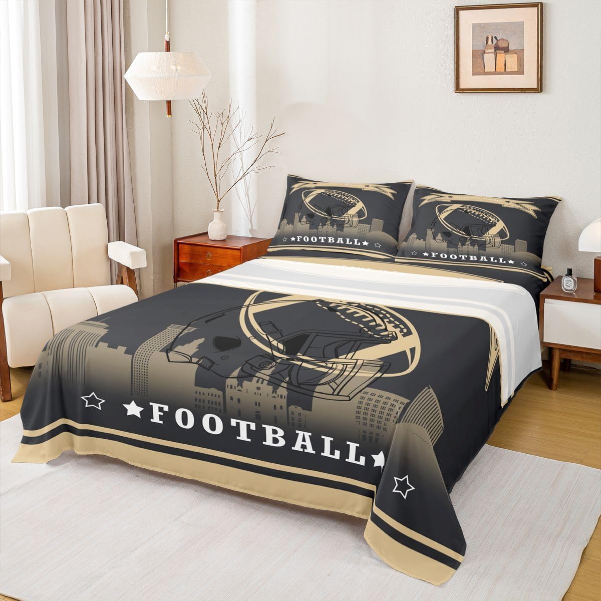 Erosebridal Customized Football City Full Size Bed Sheets American Football Boys Sheet Set Rugby Game Top Fitted Sheet Sports Rugby Fans Bed Set for Kids Teens Youth Men Adult, Black