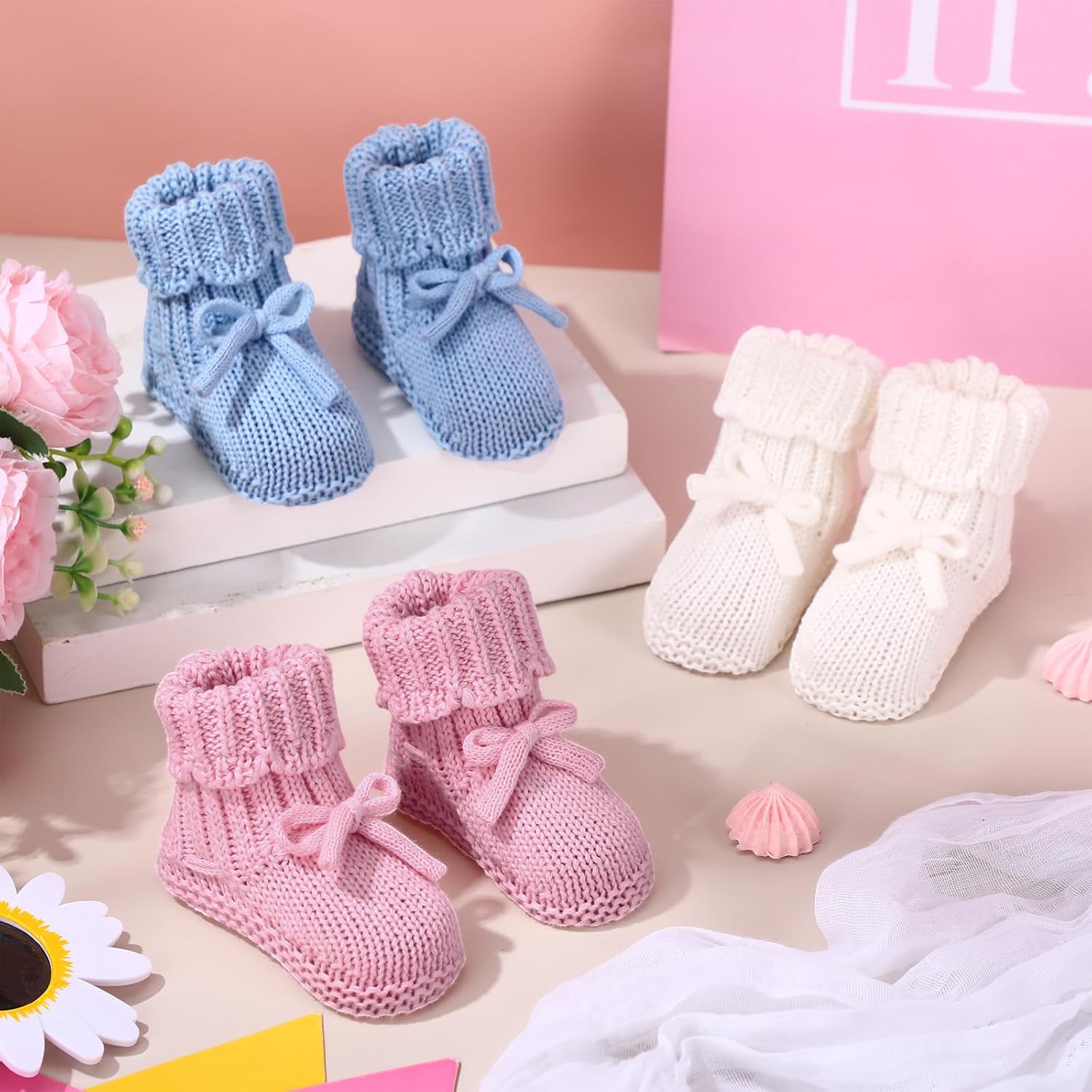 Evervibe 3 Pairs Knitted Baby Booties 0-6 Months Newborn Baby Crochet Shoes First Walkers Cozy Shoes for Infant Girl Boy