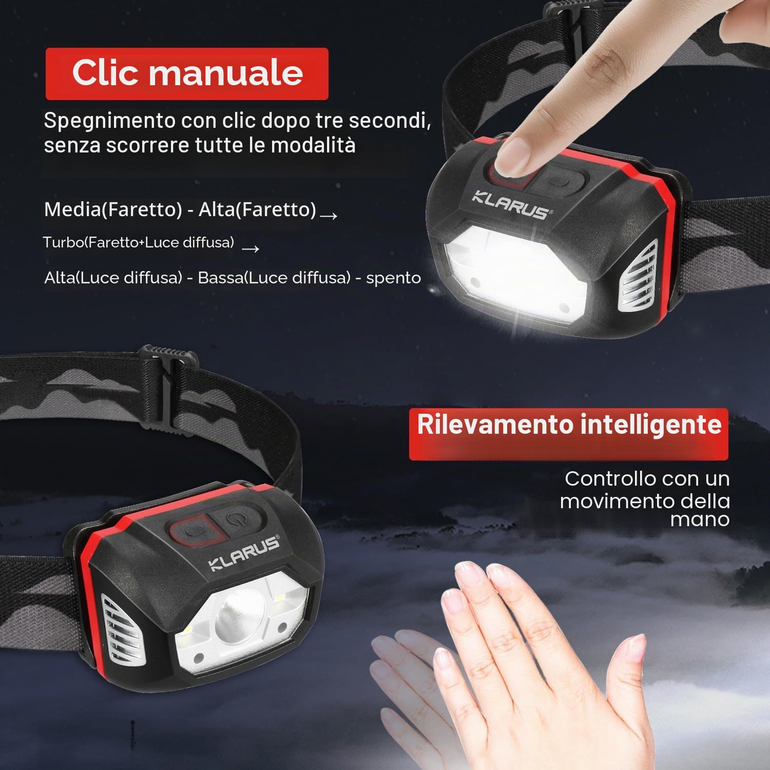 klarus HM1 IPX6 torcia ricaricabile impermeabile con sensore di movimento USB C, 440 Lumen 70 ore di funzionamento massimo, 1800mAh batteria per corsa, campeggio, escursionismo (Rosso+Nero)