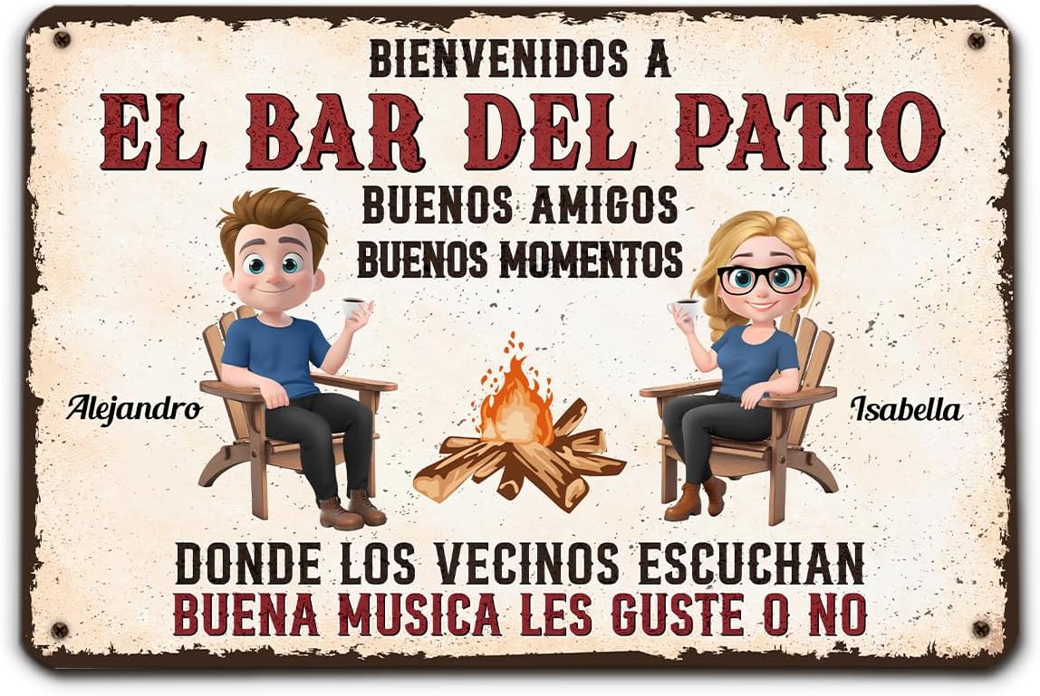 Wrappiness Personalized Patio Metal Sign - Welcome To Patio Bar Decor Plaque Customize Man and Woman, Rustic Style Metal Sign for Home Bar Outdoor Garden BBQ Grilling Housewarming Practical Gift (Spanish)