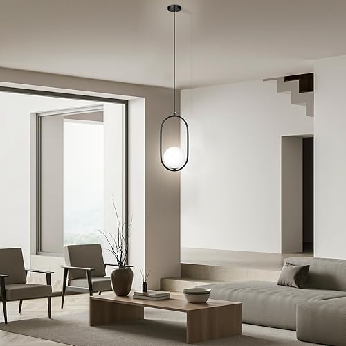 Miniatura 9 de lobolighting Iluminación colgante moderna, paquete de 2 lámparas colgantes negras de altura ajustable, lámpara de mediados de siglo, globo de vidrio