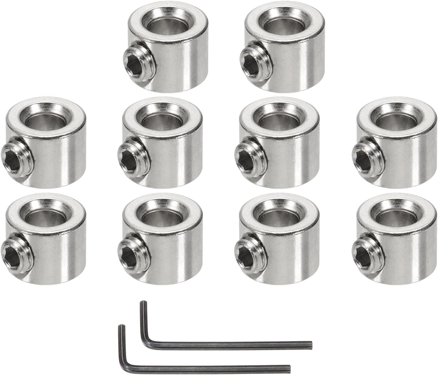 MECCANIXITY Bore 5 mm Shaft Collar 11 mm OD 8 mm Thickness Carbon Steel Landing Gear Stopper Wheel Collar with Set Screw & 2 Hex Wrench for Machine Tools Industry (Silver Tone, Pack of 10)