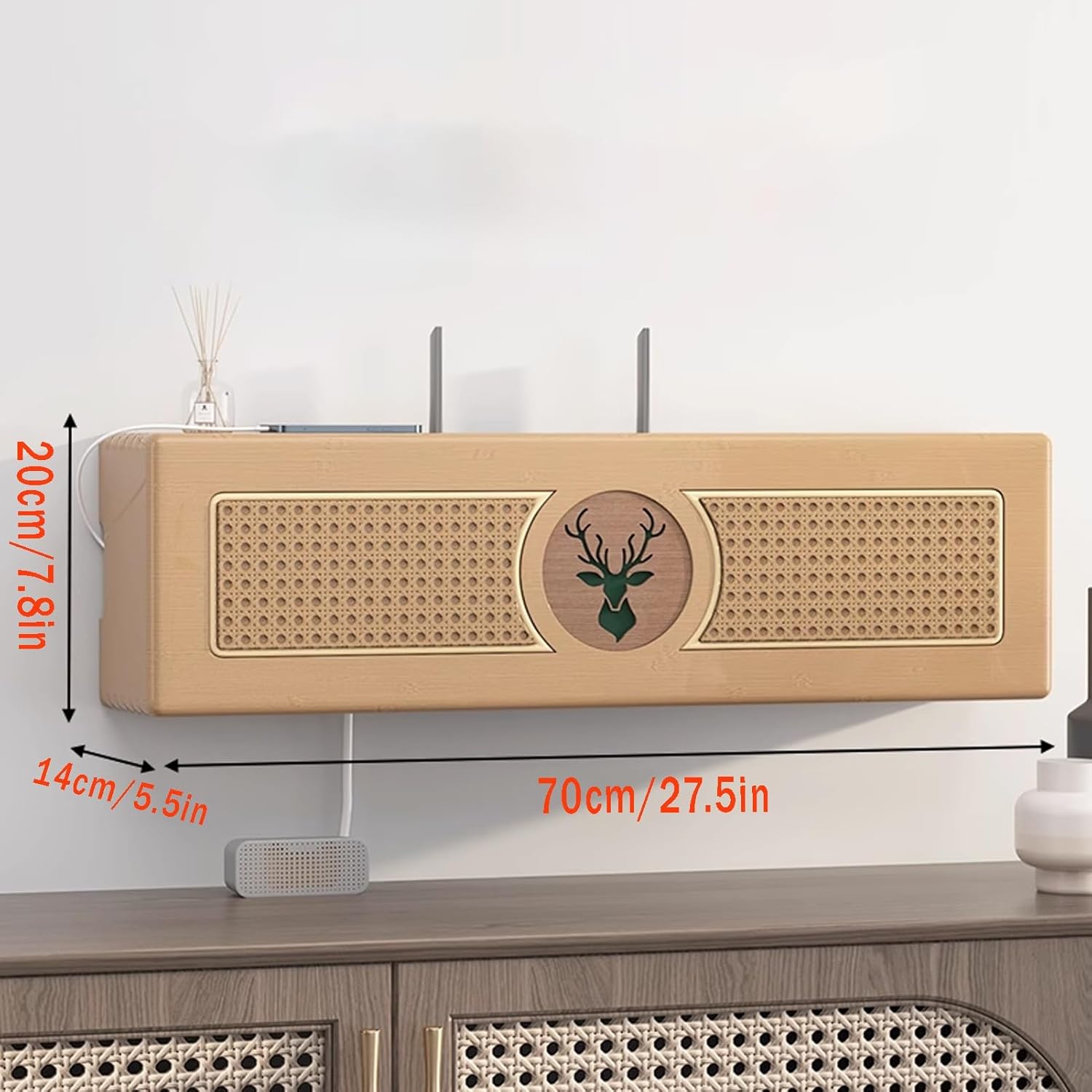 Bamboo WiFi Router Storage Box & Cable Management Hider, 27.5in Decorative Shelf for Home & Office, Perfect for Organizing Cables & Enhancing Aesthetics