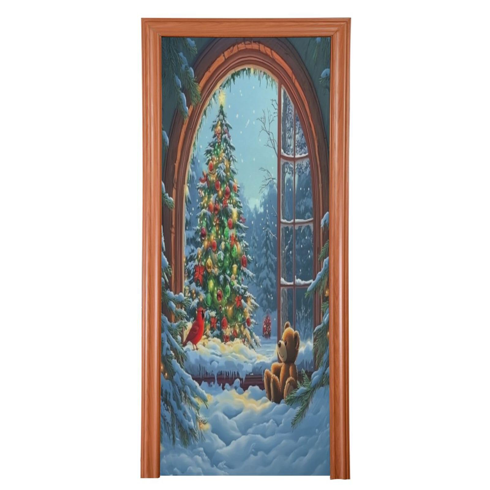 J JOYSAY Christmas Trees Bear Door Decorations Door Cover Xmas Door Covers Christmas Door Decorations Outdoor for Front Door,36x98 in