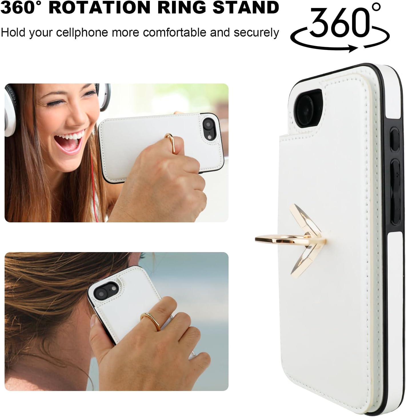 ONETOP for iPhone 16e Wallet Case with Card Holder, 360° Rotation Ring Kickstand RFID Blocking PU Leather Double Magnetic Clasp Shockproof Cover for Women and Girls 6.1 Inch (White) - Image 5