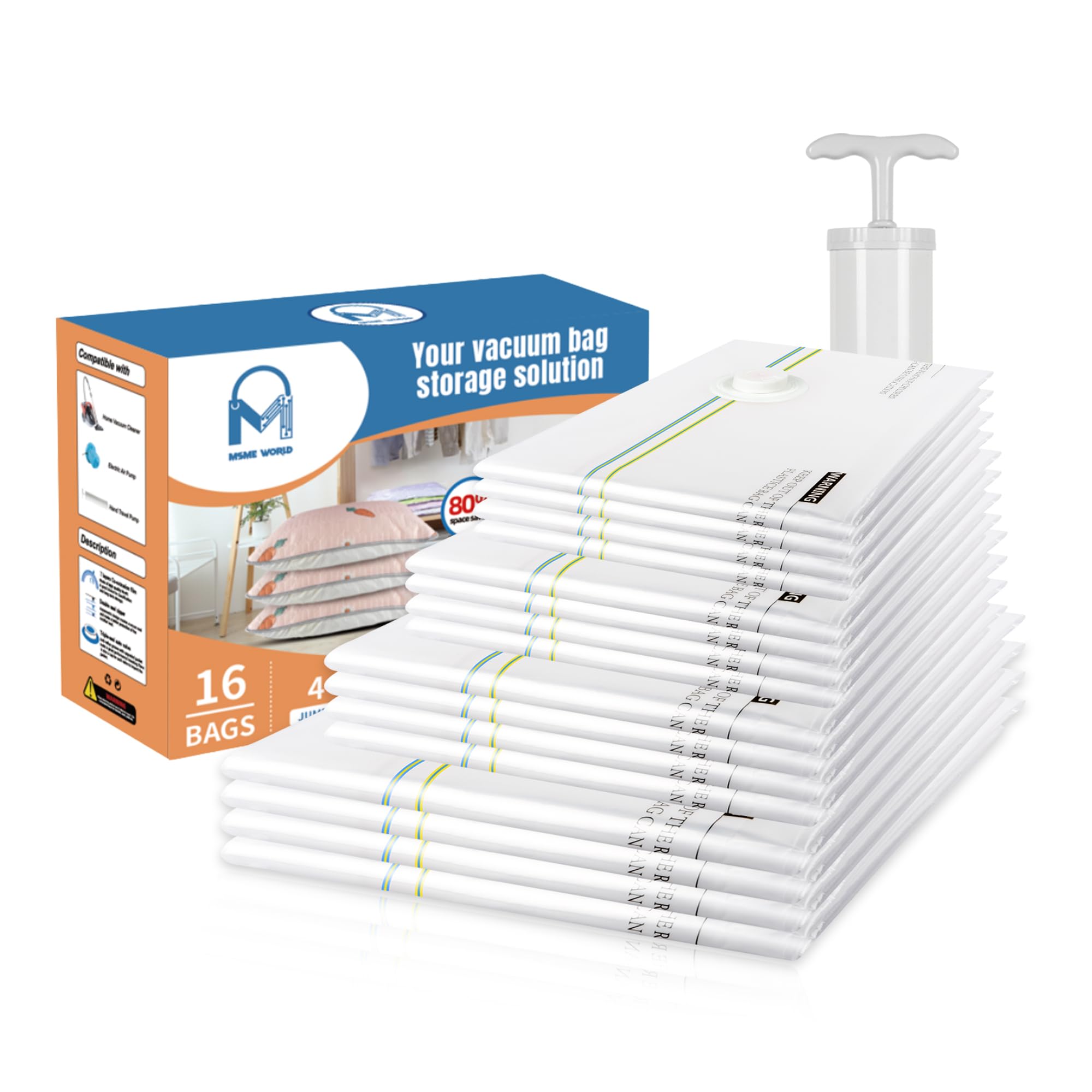 MsMe World 16-Pack Premium Vacuum Storage Bags - Space Saver Compression Bags with Hand Pump for Clothes, Blankets, Travel - 4 Sizes (Jumbo, Large, Medium, Small)